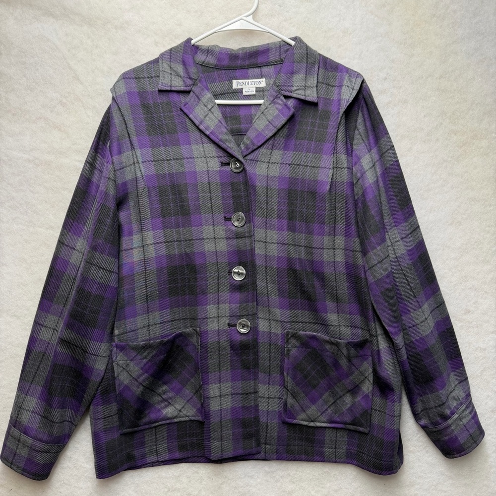 Pendleton Vintage Purple Gray Plaid 100% Wool Button Down Jacket Size Large USA